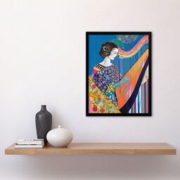 "Artery8 Harpist Playing Harp Music Colourful Batik Style Framed Art Print in Blue - Size: W12"" x H16""" - thumbnail 4