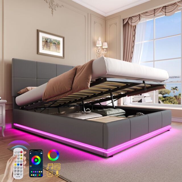 Matteo Grey Ottoman Double Bed with LED Lighting & Hydraulic Storage - 4ft6 PU Leather Bed Frame with Adjustable Headboard - image 1