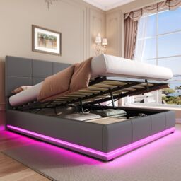 Matteo Grey Ottoman Double Bed with LED Lighting & Hydraulic Storage - 4ft6 PU Leather Bed Frame with Adjustable Headboard - thumbnail 4