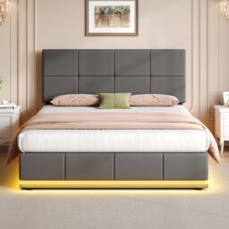 Matteo Grey Ottoman Double Bed with LED Lighting & Hydraulic Storage - 4ft6 PU Leather Bed Frame with Adjustable Headboard - thumbnail 3