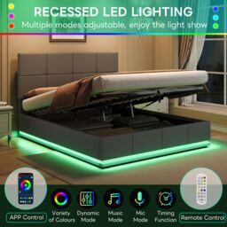 Matteo Grey Ottoman Double Bed with LED Lighting & Hydraulic Storage - 4ft6 PU Leather Bed Frame with Adjustable Headboard - thumbnail 6