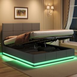 Matteo Grey Ottoman Double Bed with LED Lighting & Hydraulic Storage - 4ft6 PU Leather Bed Frame with Adjustable Headboard - thumbnail 2