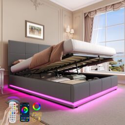 Matteo Grey Ottoman Double Bed with LED Lighting & Hydraulic Storage - 4ft6 PU Leather Bed Frame with Adjustable Headboard - thumbnail 1