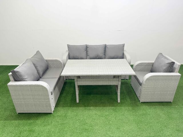 Fimous Patio PE Wicker 6 Seater Outdoor Rattan Furniture Sofa Sets w/ Rectangular Dining Table Reclining Chair Loveseat Sofa 3 Seater Sofa Light Grey - image 1