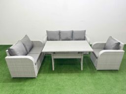 Fimous Patio PE Wicker 6 Seater Outdoor Rattan Furniture Sofa Sets w/ Rectangular Dining Table Reclining Chair Loveseat Sofa 3 Seater Sofa Light Grey - thumbnail 2