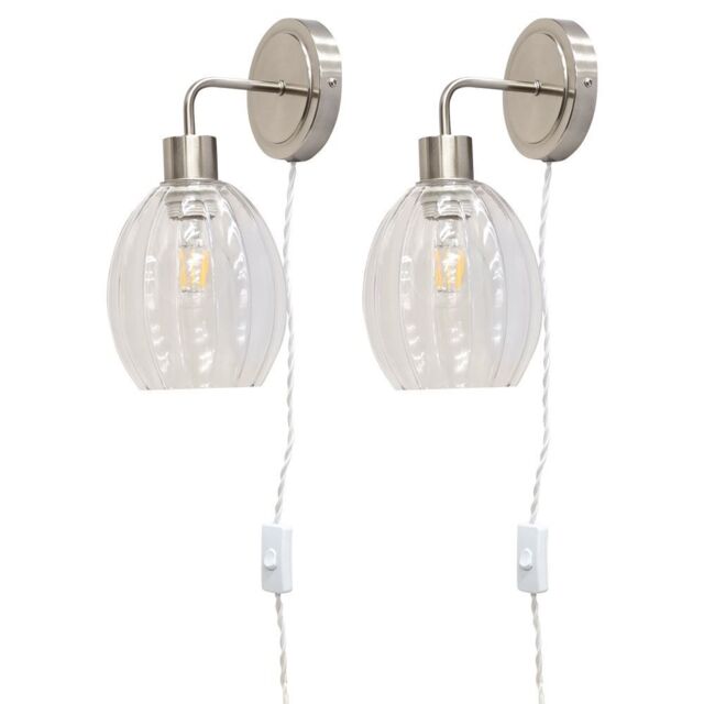First Choice Lighting Set of 2 Toby - Satin Nickel Plug in Wall Lights Fluted Shades in Silver - image 1
