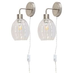 First Choice Lighting Set of 2 Toby - Satin Nickel Plug in Wall Lights Fluted Shades in Silver - thumbnail 1