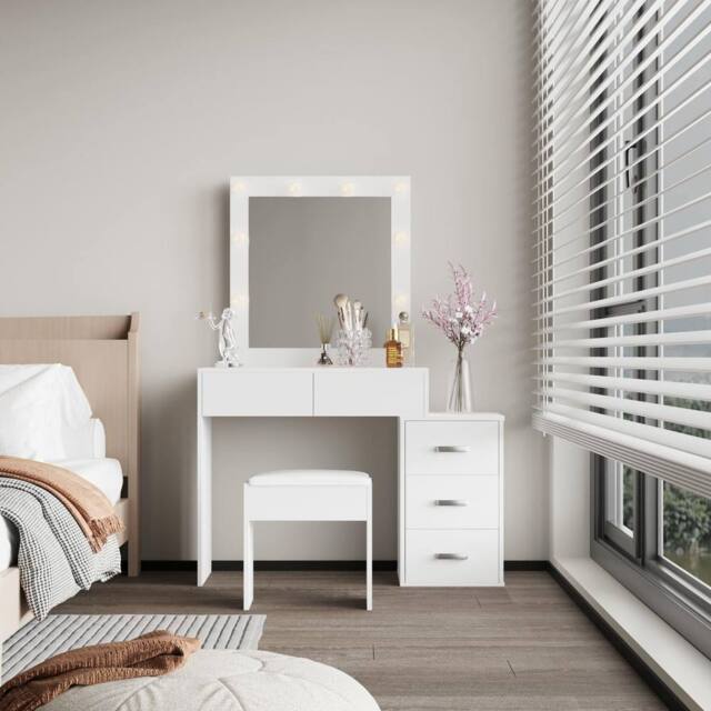 Home Source 5 Drawer Dressing Table Vanity Makeup Desk Lighting Mirror & Stool in White - image 1