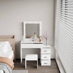 Home Source 5 Drawer Dressing Table Vanity Makeup Desk Lighting Mirror & Stool in White - thumbnail 3
