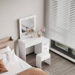 Home Source 5 Drawer Dressing Table Vanity Makeup Desk Lighting Mirror & Stool in White - thumbnail 2