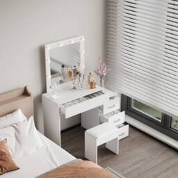 Home Source 5 Drawer Dressing Table Vanity Makeup Desk Lighting Mirror & Stool in White - thumbnail 4