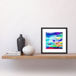 Artery8 Vibrant Rainbow Boat Painting Ocean Storm Bold Colourful Square Wooden Framed Wall Art Print Picture 8X8 Inch in Black - thumbnail 2