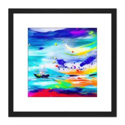 Artery8 Vibrant Rainbow Boat Painting Ocean Storm Bold Colourful Square Wooden Framed Wall Art Print Picture 8X8 Inch in Black - thumbnail 1