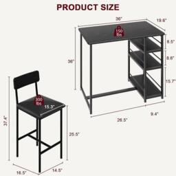 London Boutique 3PCS Dining Table Set Bar Height Kitchen Table & 2 Chairs w/ 3 Shelves in Black - thumbnail 3