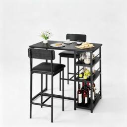 London Boutique 3PCS Dining Table Set Bar Height Kitchen Table & 2 Chairs w/ 3 Shelves in Black - thumbnail 2
