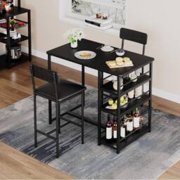 London Boutique 3PCS Dining Table Set Bar Height Kitchen Table & 2 Chairs w/ 3 Shelves in Black - thumbnail 1