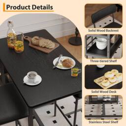 London Boutique 3PCS Dining Table Set Bar Height Kitchen Table & 2 Chairs w/ 3 Shelves in Black - thumbnail 4