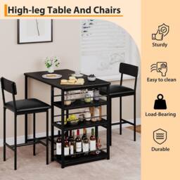 London Boutique 3PCS Dining Table Set Bar Height Kitchen Table & 2 Chairs w/ 3 Shelves in Black - thumbnail 5