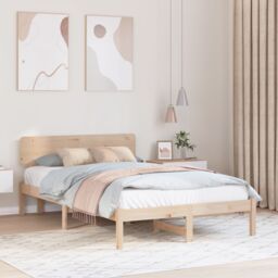 Berkfield Home Bed Frame with Headboard 135x190 cm Solid Pine Wood in Beige - thumbnail 1