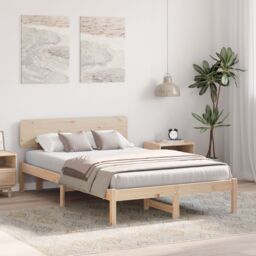 Berkfield Home Bed Frame with Headboard 135x190 cm Solid Pine Wood in Beige - thumbnail 5