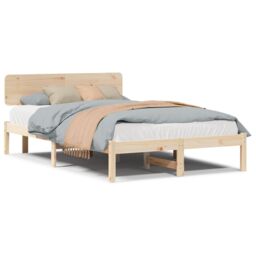 Berkfield Home Bed Frame with Headboard 135x190 cm Solid Pine Wood in Beige - thumbnail 4
