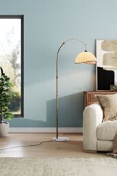 H&O Direct E27 1-Light Fabric Lampshade Floor Lamp with Foot Switch in White - thumbnail 2