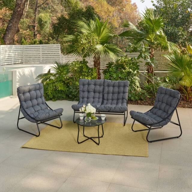 Home Detail Fredo 4PC Garden Conversation Set with Grey Cushions in Black - image 1