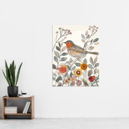 "Artery8 Robin Bird Garden Flowers Bright Folk Art Wall Art Print - Size: W24"" x H32""" - thumbnail 4