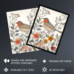 "Artery8 Robin Bird Garden Flowers Bright Folk Art Wall Art Print - Size: W24"" x H32""" - thumbnail 2
