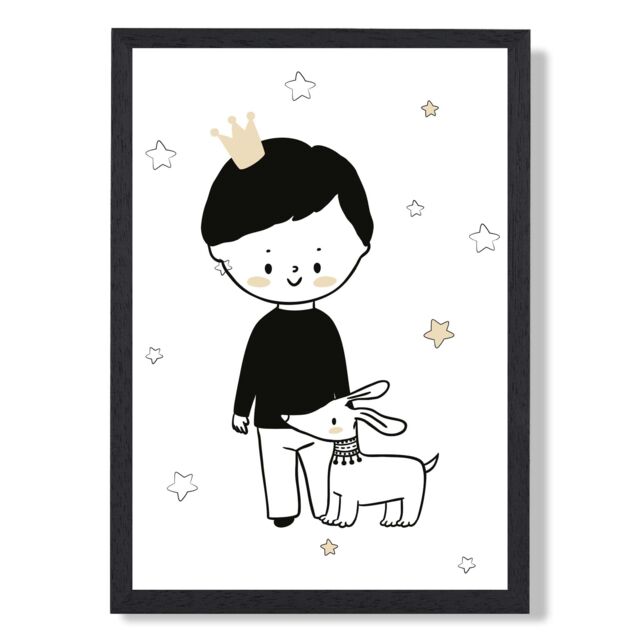 ARTZE Scandi Prince Little Boy with Dog Framed Print SIZE: A3 with Black Frame - Size: A4 - image 1