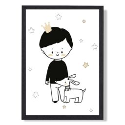 ARTZE Scandi Prince Little Boy with Dog Framed Print SIZE: A3 with Black Frame - Size: A4 - thumbnail 1