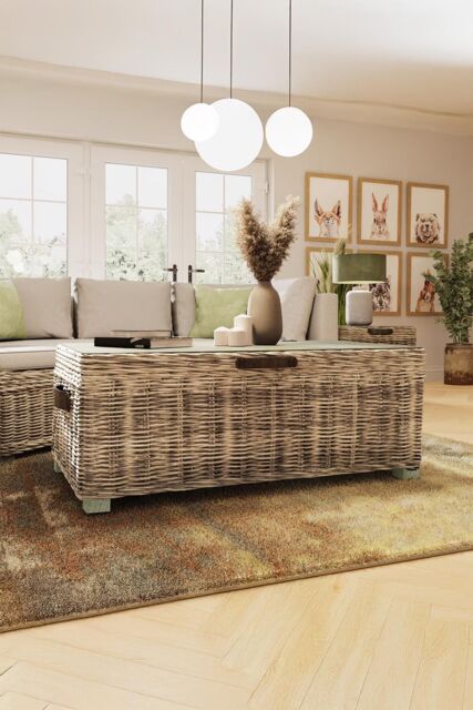 FWStyle Ready Assembled Lift Up Storage Coffee Table Kubu Rattan Greywash Pine in Natural - image 1