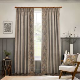 Morris & Co Strawberry Thief Embroidered Velvet Room Darkening Pencil Pleat Curtain Pair in Beige - Size: 229 cm width x 229 cm drop - thumbnail 2