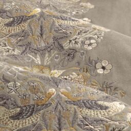 Morris & Co Strawberry Thief Embroidered Velvet Room Darkening Pencil Pleat Curtain Pair in Beige - Size: 229 cm width x 229 cm drop - thumbnail 6