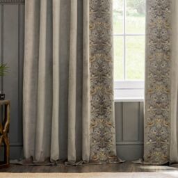Morris & Co Strawberry Thief Embroidered Velvet Room Darkening Pencil Pleat Curtain Pair in Beige - Size: 229 cm width x 229 cm drop - thumbnail 5
