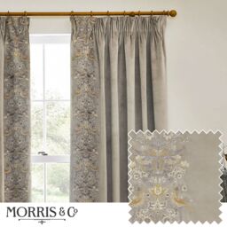 Morris & Co Strawberry Thief Embroidered Velvet Room Darkening Pencil Pleat Curtain Pair in Beige - Size: 229 cm width x 229 cm drop - thumbnail 1