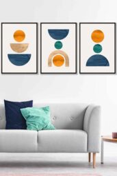 ARTZE Set of 3 Black Framed Mid Century Graphical Shapes in Navy Blue Orange Wall Art - Size: W33 cm x H45 cm x D20mm - thumbnail 1