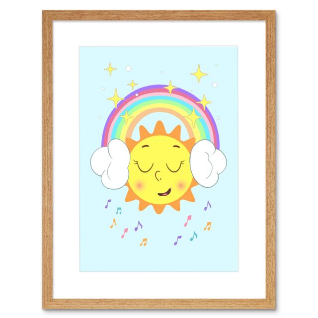 "Artery8 Wall Art Print Rainbow Headphones Musical Sun Art Black Framed 9x7 inch in Beige - Size: W7"" x H9""" - image 1