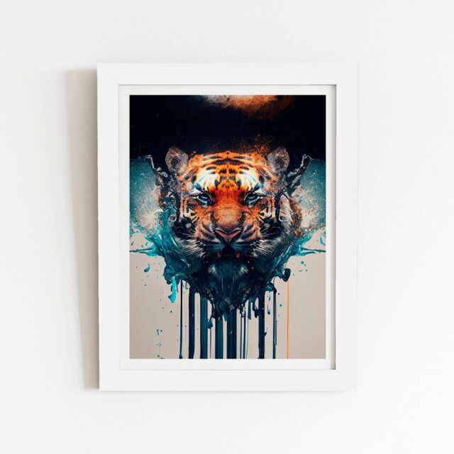 "Warren Reed - Designer Tiger Face Splashart Framed Art Print in White - Size: W8"" x H10""" - image 1