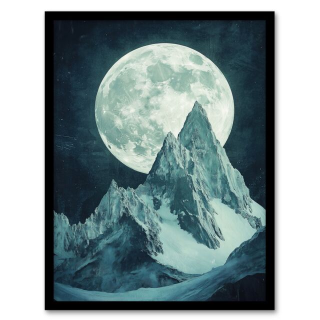"Artery8 Alpine Mountain Range Peak Full Moon Fantasy Art Framed Art Print in Blue - Size: W12"" x H16""" - image 1