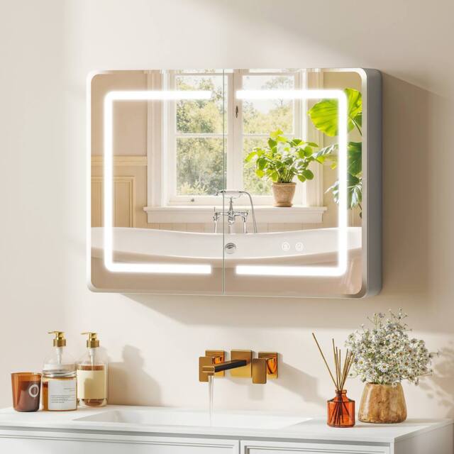 HOMCOM 60 x 80 cm LED Bathroom Mirror Cabinet with Double-Sided Mirrors in Silver - Size: W600mm x H600mm - image 1
