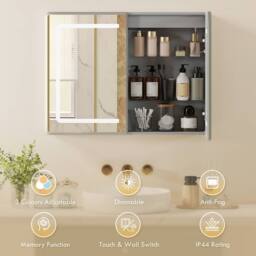 HOMCOM 60 x 80 cm LED Bathroom Mirror Cabinet with Double-Sided Mirrors in Silver - Size: W600mm x H600mm - thumbnail 4