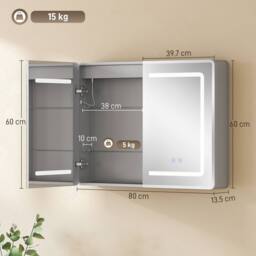 HOMCOM 60 x 80 cm LED Bathroom Mirror Cabinet with Double-Sided Mirrors in Silver - Size: W600mm x H600mm - thumbnail 3