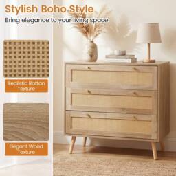 Costway Boho 3-Drawer Rattan Dresser Wooden Nightstand Side Table w/ 3 Drawers in Natural - thumbnail 6