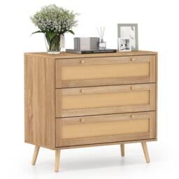 Costway Boho 3-Drawer Rattan Dresser Wooden Nightstand Side Table w/ 3 Drawers in Natural - thumbnail 1