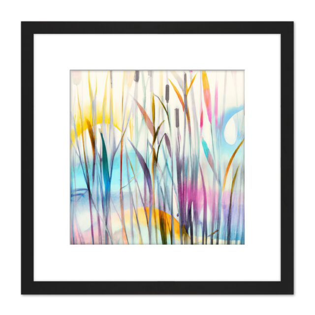 Artery8 Water Reed Plant Swamp Canes Dreamy Colourful Modern Watercolour Illustration Square Wooden Framed Wall Art Print Picture 8X8 Inch in Black - image 1