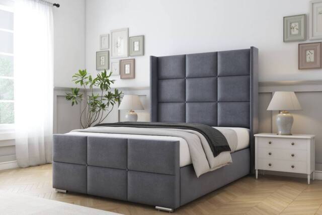 "Comfort Beds Charlie Plush Bed Frame - 50"" Upholstered Wingback Headboard in Dark Grey - Size: Super King" - image 1
