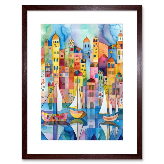 "Artery8 Wall Art Print Modern Marina Colourful Cityscape Pattern Folk Art Watercolour Painting Artwork Framed 9X7 Inch in Brown - Size: W7"" x H9""" - image 1