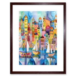 "Artery8 Wall Art Print Modern Marina Colourful Cityscape Pattern Folk Art Watercolour Painting Artwork Framed 9X7 Inch in Brown - Size: W7"" x H9""" - thumbnail 1