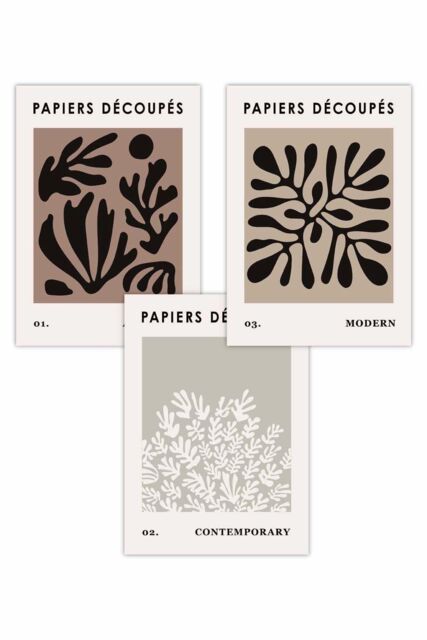 ARTZE Set of 3 Matisse Style Floral Cut Out Brown & Black Art Posters in Chocolate - Size: W50 cm x H70 cm - image 1